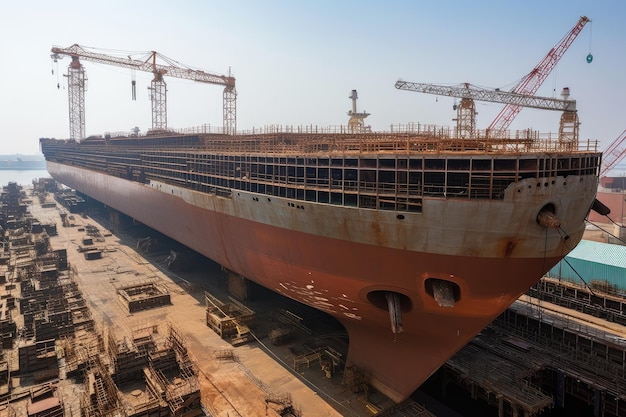 Cantiere navale con vista della massiccia nave in costruzione sul bacino di carenaggio galleggiante