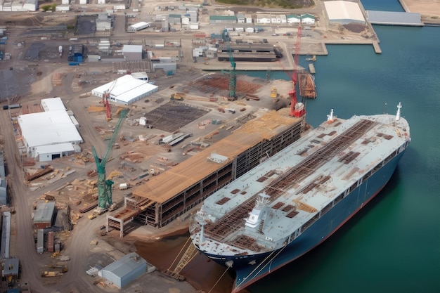 Cantiere navale con vista della nave in costruzione vista dall'alto