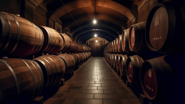 Cantina di vino scarsamente illuminata con soffitti a volta e un allineamento simmetrico di botti di vino in legno