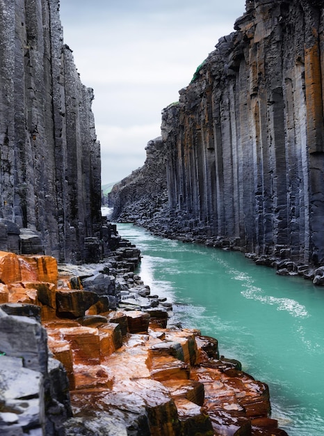 Canyon di basalto di Studlagil in Islanda Luogo più famoso e popolare in Islanda Fiume nel canyon Natura in Islanda