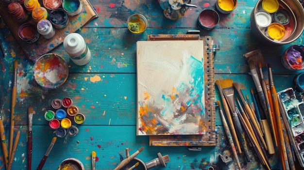 Caos artistico pennelli e colori su un tavolo splendente