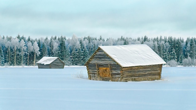 Capannone in legno nella campagna invernale, in Lapponia, Finlandia