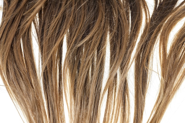 Capelli castani sani di una giovane donna su sfondo bianco.