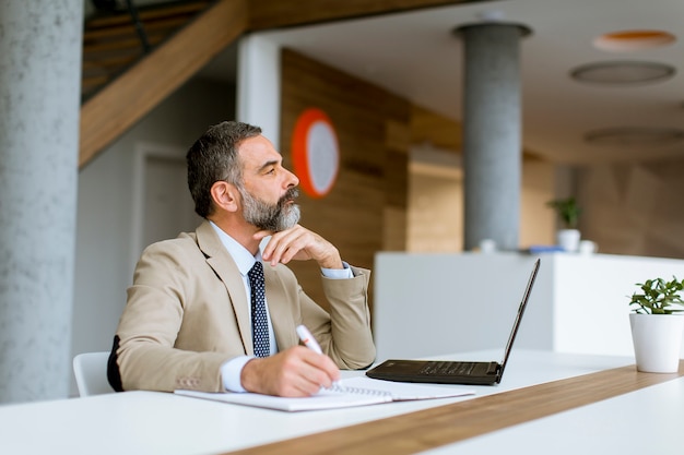 Capelli grigi dell&#39;uomo d&#39;affari senior che lavorano al computer portatile in ufficio moderno