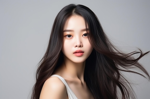 Capelli lunghi del giovane modello asiatico della donna di bellezza con stile coreano di trucco sul viso