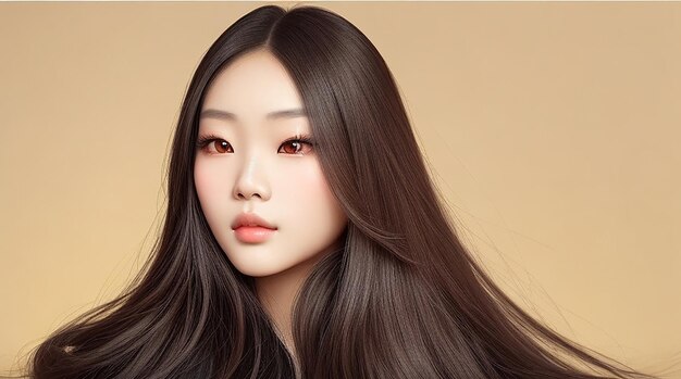 Capelli lunghi del giovane modello asiatico della donna di bellezza con stile di trucco coreano sul viso e sulla pelle perfetta