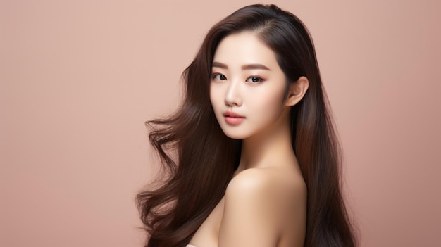 capelli lunghi del modello della giovane donna asiatica di bellezza con il fondo perfetto della pelle del fronte di stile di trucco coreano