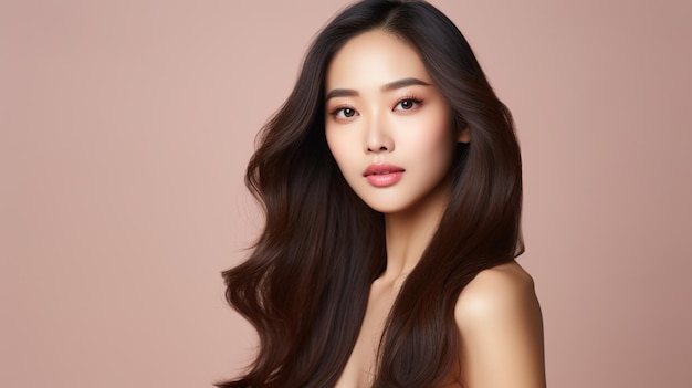 capelli lunghi del modello della giovane donna asiatica di bellezza con il fondo perfetto della pelle del fronte di stile di trucco coreano