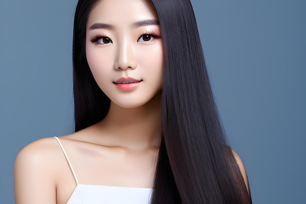 Capelli lunghi giovane e donna coreana di bellezza con pelle pulita perfetta di stile di trucco coreano