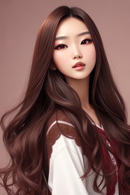 Capelli lunghi ricci della giovane donna asiatica di bellezza con stile coreano di trucco