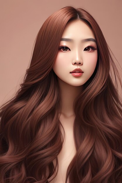 Capelli lunghi ricci della giovane donna asiatica di bellezza con stile coreano di trucco