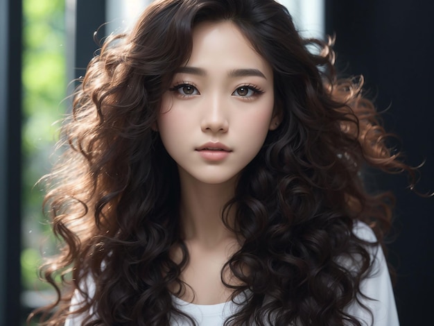 Capelli lunghi ricci della giovane donna asiatica di bellezza con stile di trucco coreano sul viso e pelle perfetta