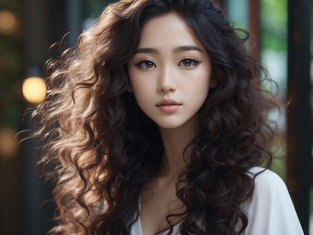 Capelli lunghi ricci della giovane donna asiatica di bellezza con stile di trucco coreano sul viso e pelle perfetta