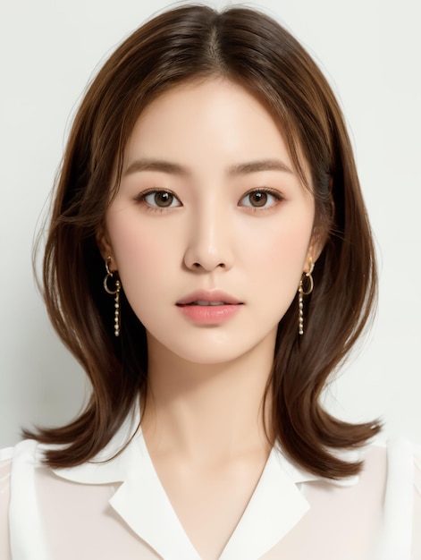 Capelli marroni della giovane signora asiatica dell'ufficio di bellezza con stile coreano di trucco sul fronte con il fondo dello studio