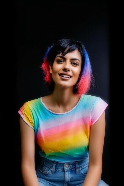 Capelli multicolori della donna gay che indossano la maglietta dell'arcobaleno nello sfondo nero isolato Ai generato