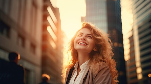 capelli ricci di donna d'affari professionista che incorniciano il suo volto di fronte al maestoso spazio urbano