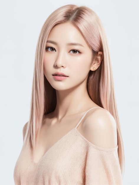 Capelli rosa della giovane signora asiatica dell'ufficio di bellezza con stile coreano di trucco sul fronte con il fondo dello studio