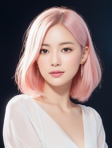 Capelli rosa della giovane signora asiatica dell'ufficio di bellezza con stile coreano di trucco sul fronte con il fondo dello studio