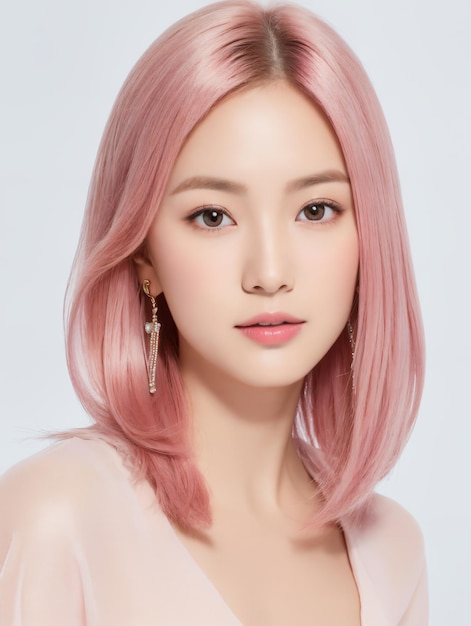 Capelli rosa della giovane signora asiatica dell'ufficio di bellezza con stile coreano di trucco sul fronte con il fondo dello studio