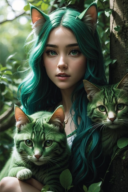 Capelli verdi della donna della ragazza con i gatti dell'albero e la fantasia realista di fotorealismo delle orecchie di gatto