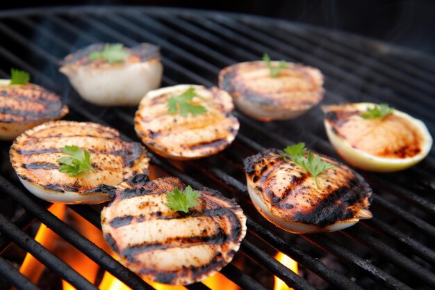 Capesante fumanti su carboni ardenti su un barbecue