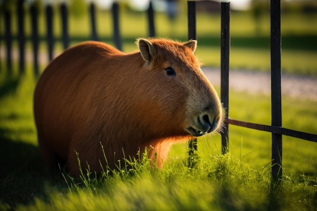 Capibara bruno-rossastro in un pacifico paesaggio verde generativo AI