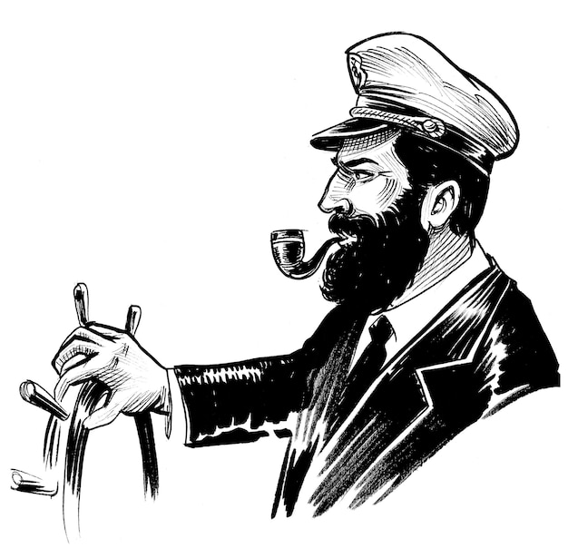 Capitano di mare con volante Illustrazione in bianco e nero in stile retrò disegnata a mano