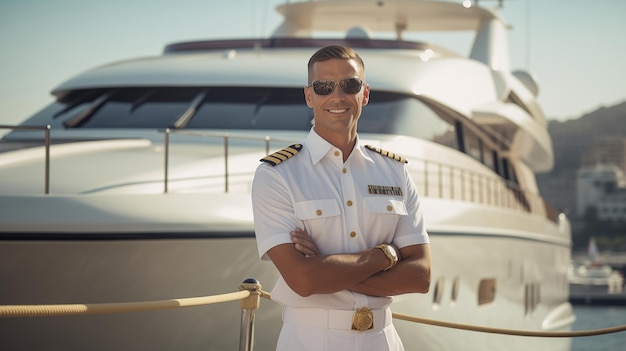 Capitano fiducioso in piedi davanti a uno yacht di lusso Il capitano emana un senso di professionalità e competenza con l'imponente yacht sullo sfondo