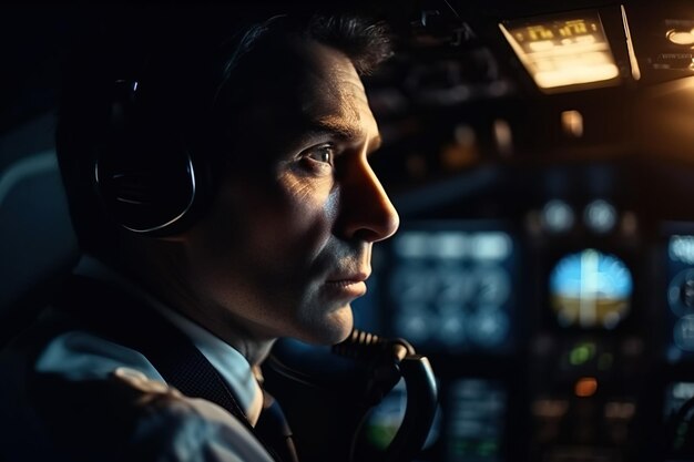 Capitano pilota all'interno della cabina di pilotaggio dell'aereo passeggeri in volo IA generativa