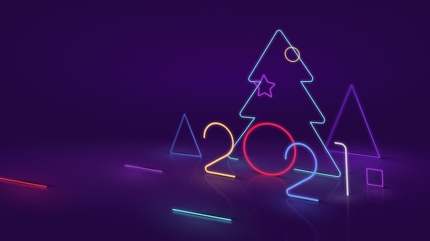 Capodanno 2021. Albero moderno e numero 2021 su effetto neon o LED