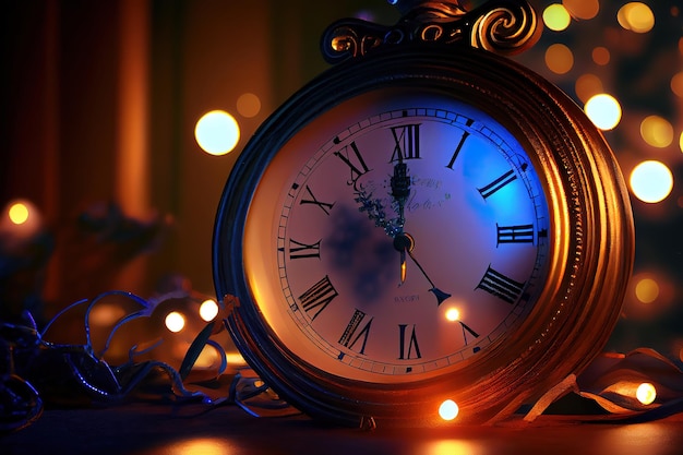 Capodanno a mezzanotte vecchio orologio e luci natalizie Generative Ai