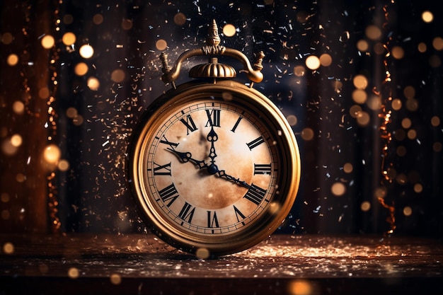 Capodanno a mezzanotte Vecchio orologio e luci natalizie