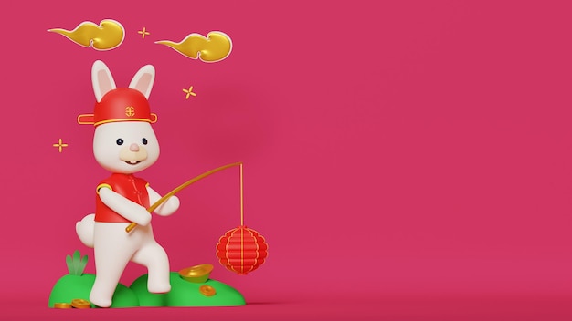 Capodanno cinese 2023 sfondo con un coniglio che cammina portando una lanterna