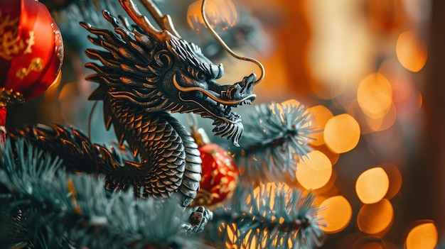 Capodanno cinese 2024 Il drago d'oro e il ramo di abete decorato con spazio per la copia