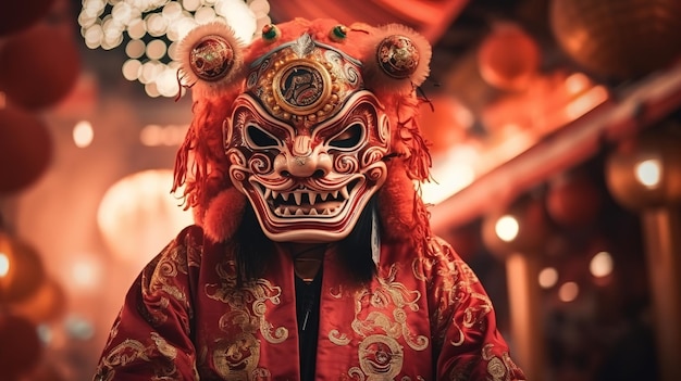 Capodanno cinese Uomo al festival che indossa il tradizionale costume mascherato cinese