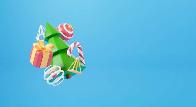 Capodanno e Natale 3d design. Scatola regalo realistica, abete natalizio, palla, caramelle ed elementi decorativi banner per le vacanze. Immagine di rendering 3D delle vacanze di Natale