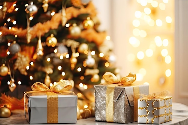 Capodanno festivo e biglietto di Natale con regali bokeh sotto un albero di Natale decorato
