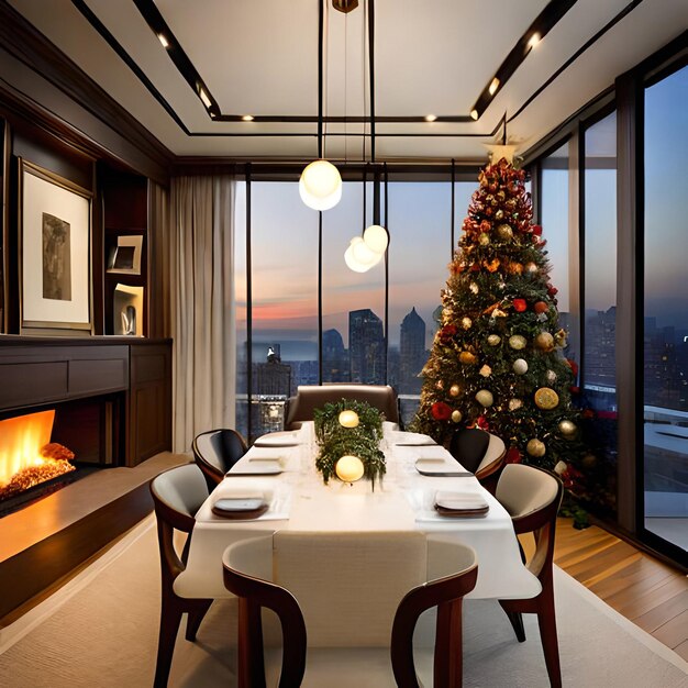 Capodanno Natale insieme le campane dell'albero la tavola la neve e il mangiare