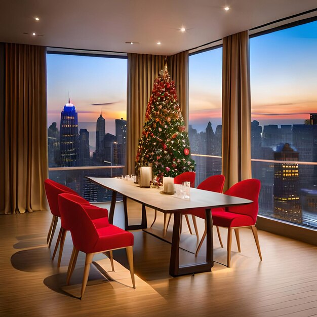 Capodanno Natale insieme le campane dell'albero la tavola la neve e il mangiare