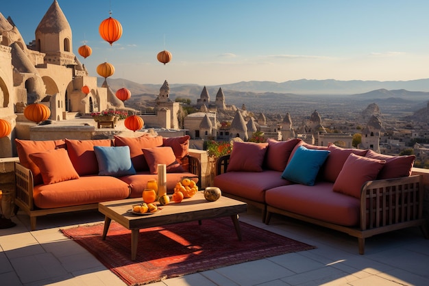 Cappadocia palloncini murali all'aperto nello stile di grandiose vedute del paesaggio cittadino