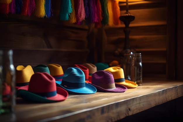 Cappelli colorati su un tavolo in una stanza buia