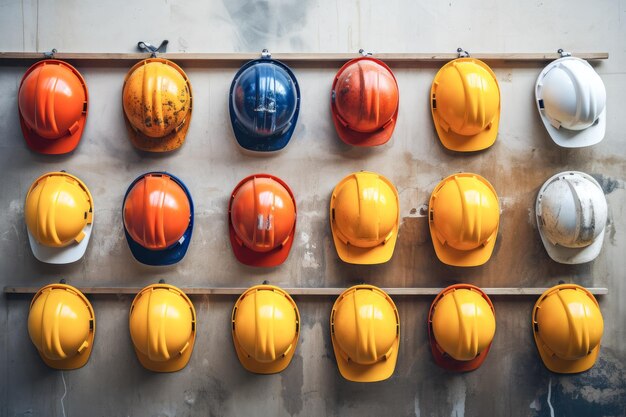 Cappelli da costruzione multicolori appesi a una parete di legno AI generativa