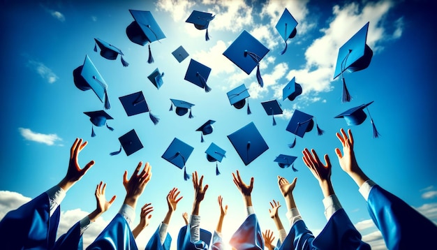 Cappelli di laurea che volano nel cielo blu