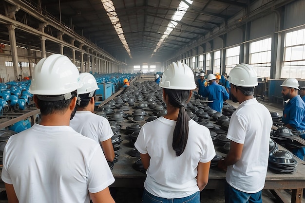Cappelli di operai alla fabbrica vista dal gruppo posteriore di operai cambio di operai nella fabbrica
