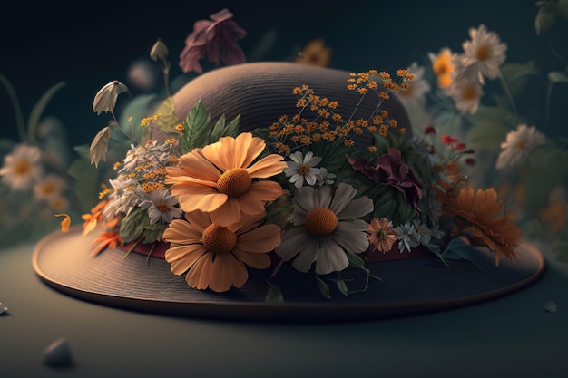 Cappello con fiori di campo su un tavolo di legno su uno sfondo scuro Generazione AI