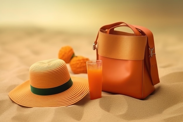 Cappello d'estate con borsa e bicchiere di succo d'arancia sulla sabbia della spiaggia