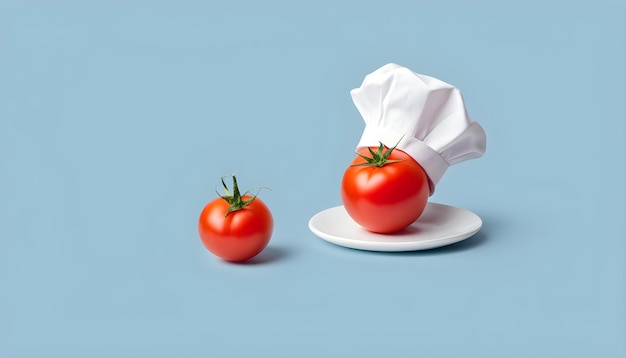 Cappello da chef con concetto di pomodoro su sfondo blu pastello