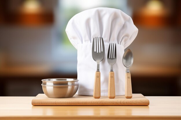 Cappello da chef e utensili da cucina ambientati in uno sfondo di cucina vintage