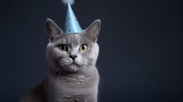 Cappello da compleanno per gatti pronto per le feste e sfondo blu