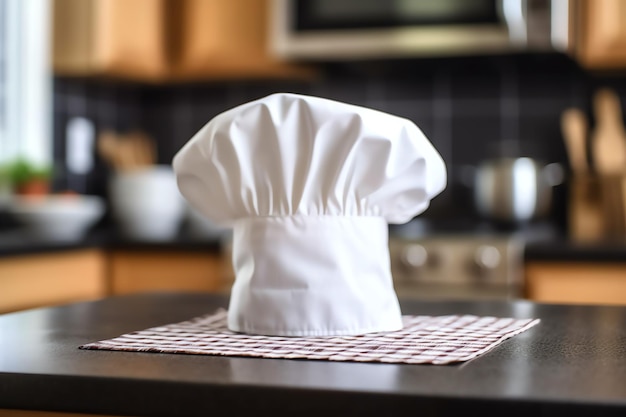 Cappello da cuoco bianco sul tavolo della cucina e spazio per la copia per la decorazione Fotografia pubblicitaria